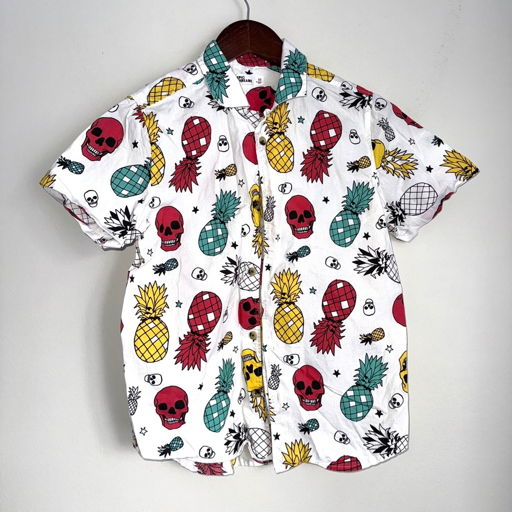 EPIC THREADS Boys Medium White Colorful Pineapple Skull Button Up Shirt TT2